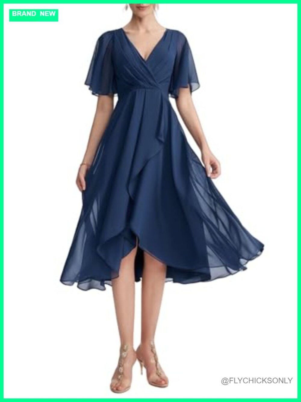 Women's Wrap V Neck Flutter Sleeve Chiffon Midi Dress Layered Ruffle A-Line